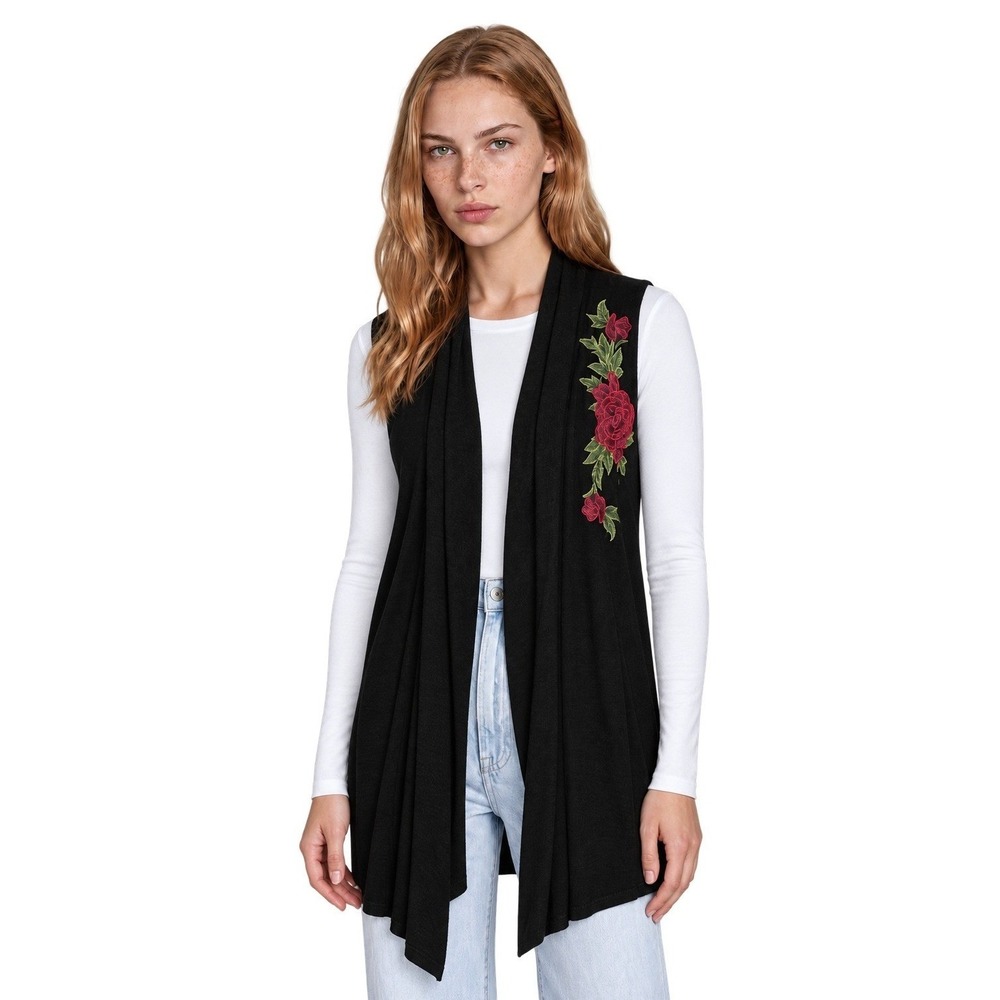 Joseph A. Knit Cardigan Vest Women's Size Medium Black Floral Rose Longline